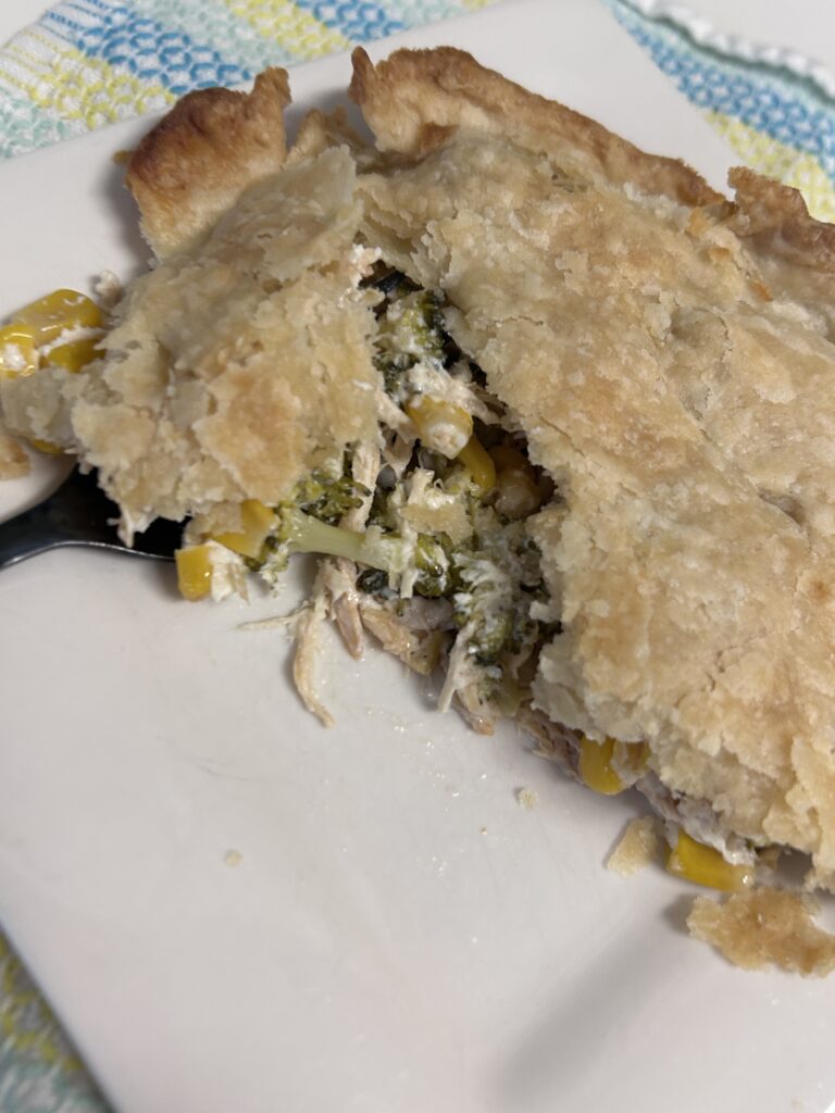a piece of chicken and broccoli pie on a white plate.