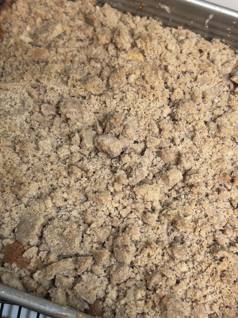 overhead shot of a a freshly baked rhubarb coffee cake.