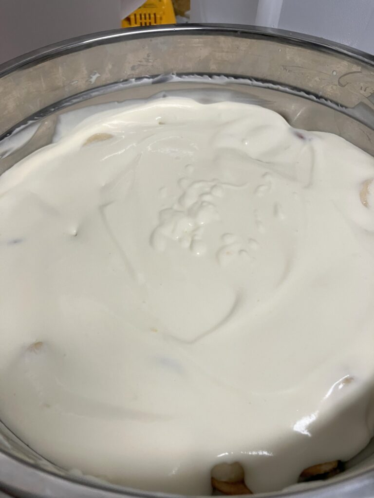 assembled banana pudding ready to be chilled.